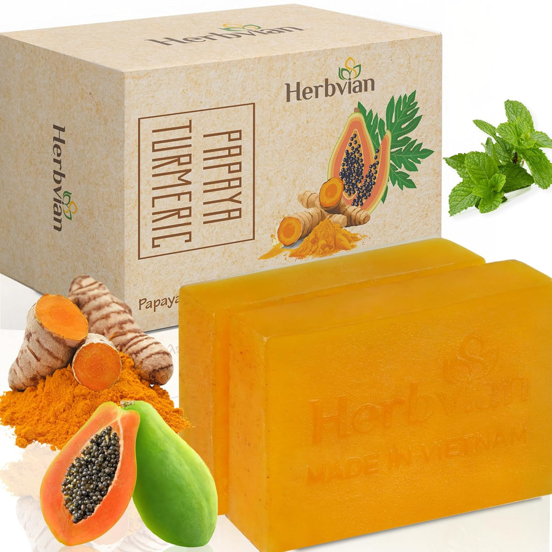 Turmeric & Papaya Natural Soap with Peppermint Essential Oil (2 bars/pack)
