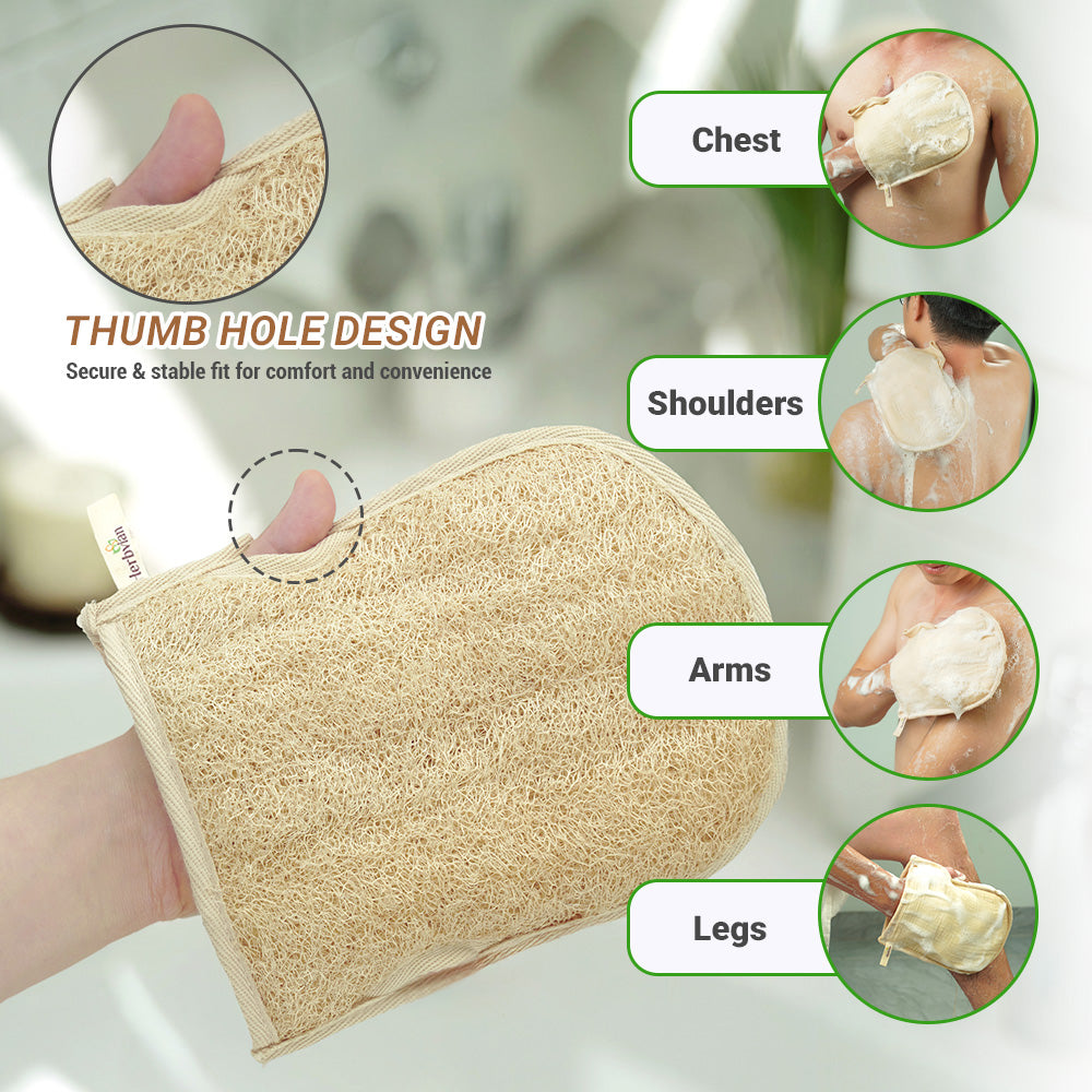 Natural Loofah Bath Glove – Bamboo Cotton Lined - Set of 2