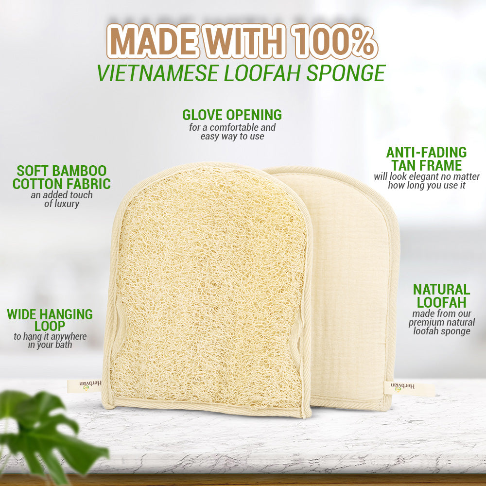 Natural Loofah Bath Glove – Bamboo Cotton Lined - Set of 2