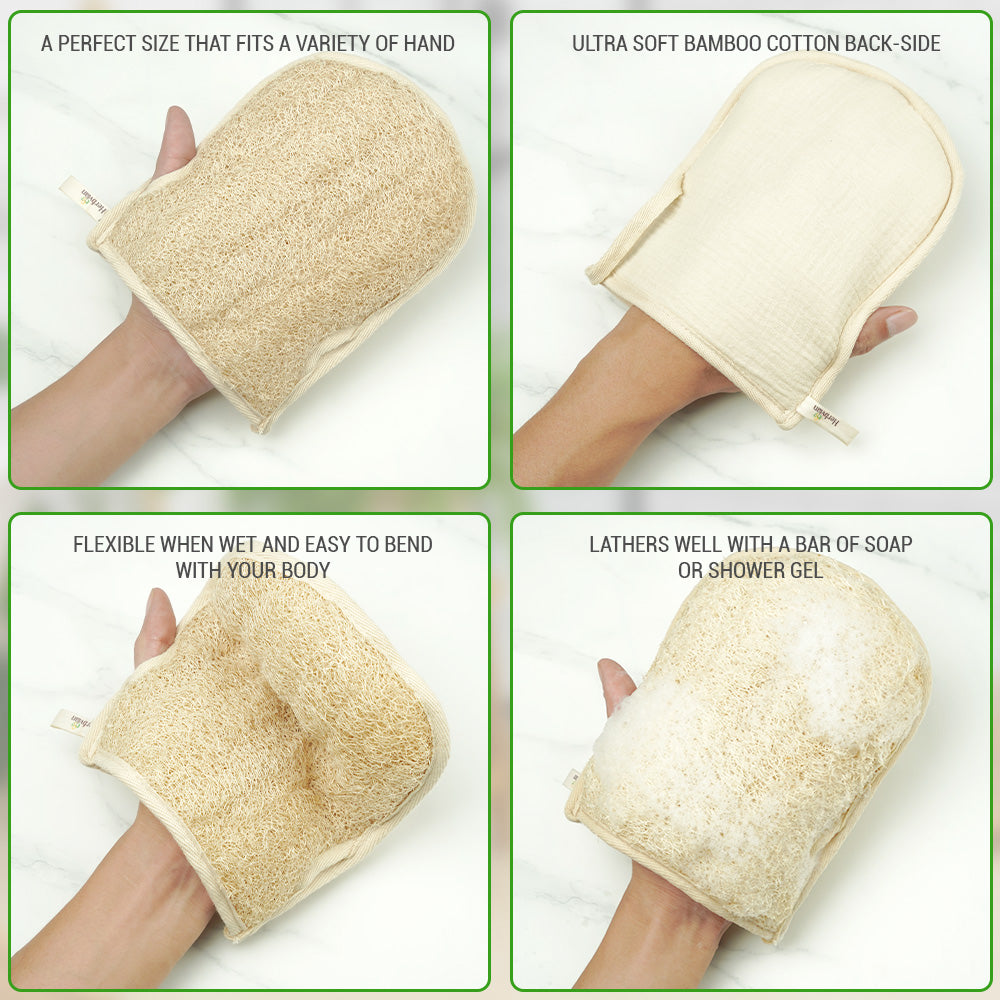 Natural Loofah Bath Glove – Bamboo Cotton Lined - Set of 2