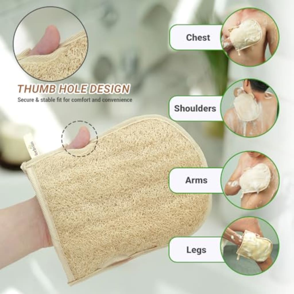 2PCS Natural Loofah Scrubber Mitts with Thumb Holes