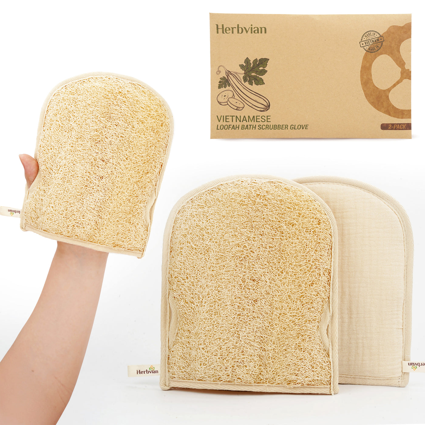 Natural Loofah Bath Glove – Bamboo Cotton Lined - Set of 2